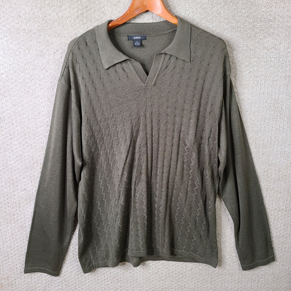 Alfani Shirt Mens XL Green Zig Zag Textured Knit Polo Long Sleeve Acrylic Nylon